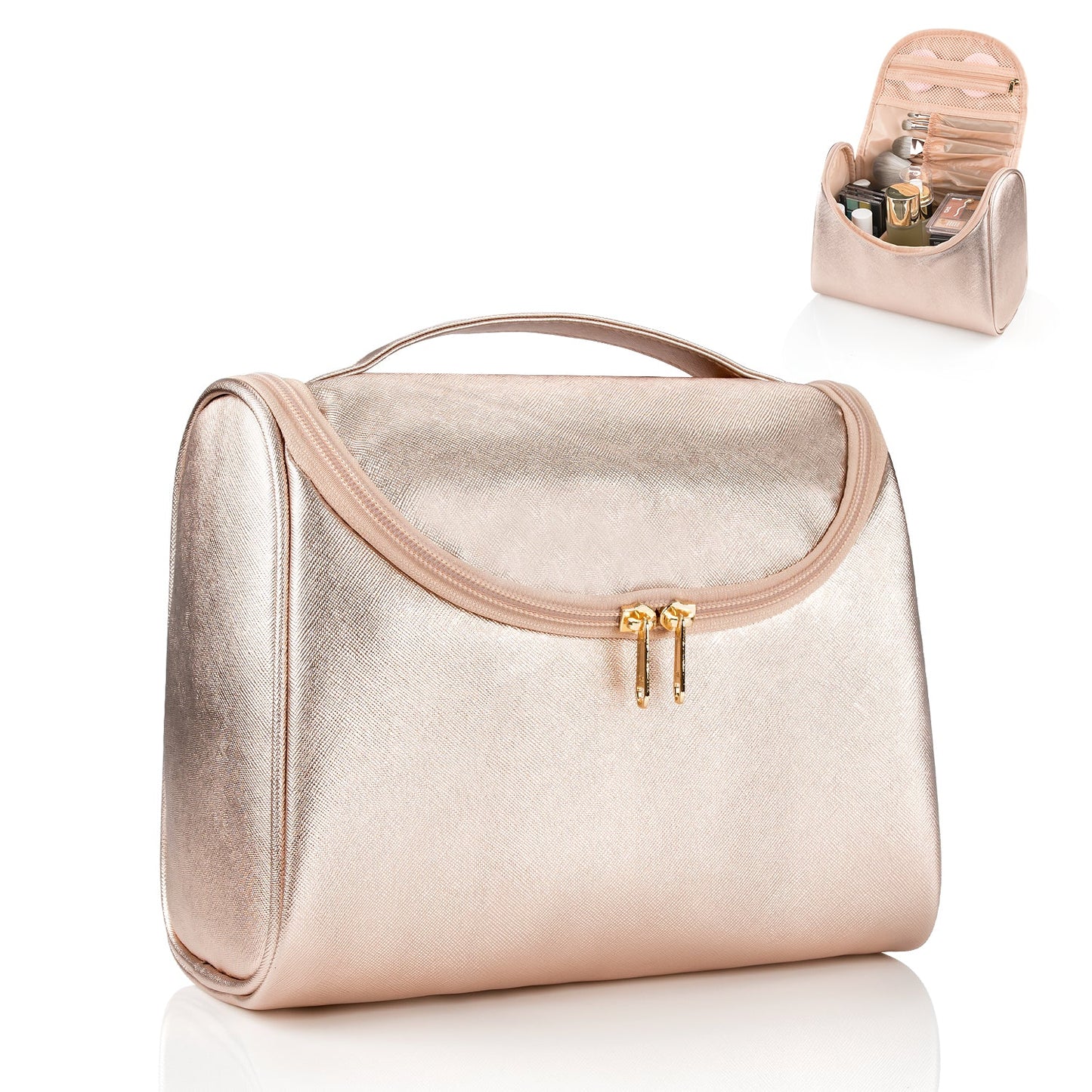 Reise-Make-up-Tasche, ätherische Kosmetiktasche für Frauen, tragbare Make-up-Organizer-Tasche, Kulturbeutel aus PU-Leder, wasserdicht (Roségold)