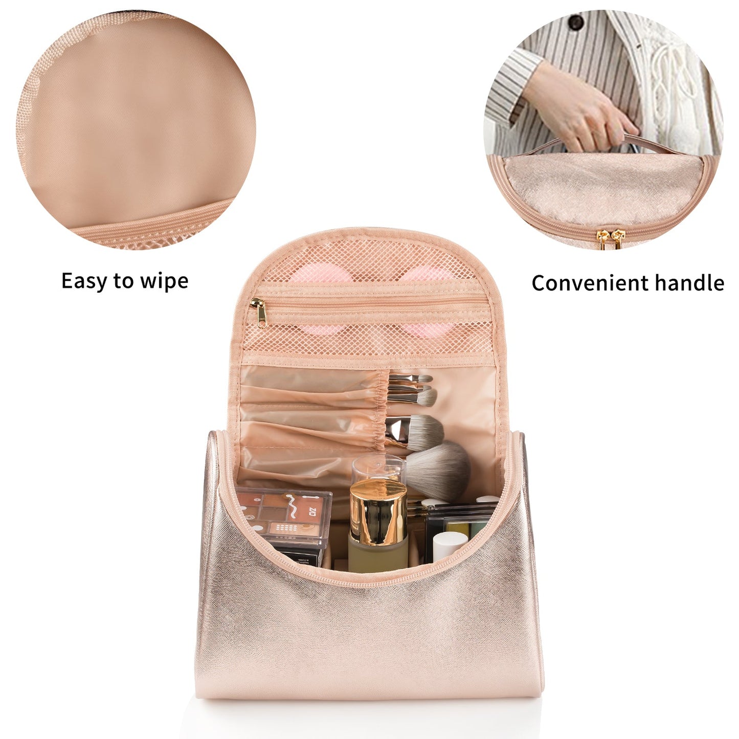 Reise-Make-up-Tasche, ätherische Kosmetiktasche für Frauen, tragbare Make-up-Organizer-Tasche, Kulturbeutel aus PU-Leder, wasserdicht (Roségold)