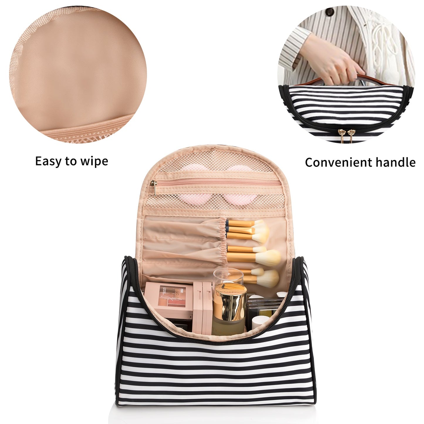 Reise-Make-up-Tasche, ätherische Kosmetiktasche für Frauen, tragbare Make-up-Organizer-Tasche, Upgrade-Kulturtasche aus Nylon für Frauen, wasserdicht (schwarz gestreift)