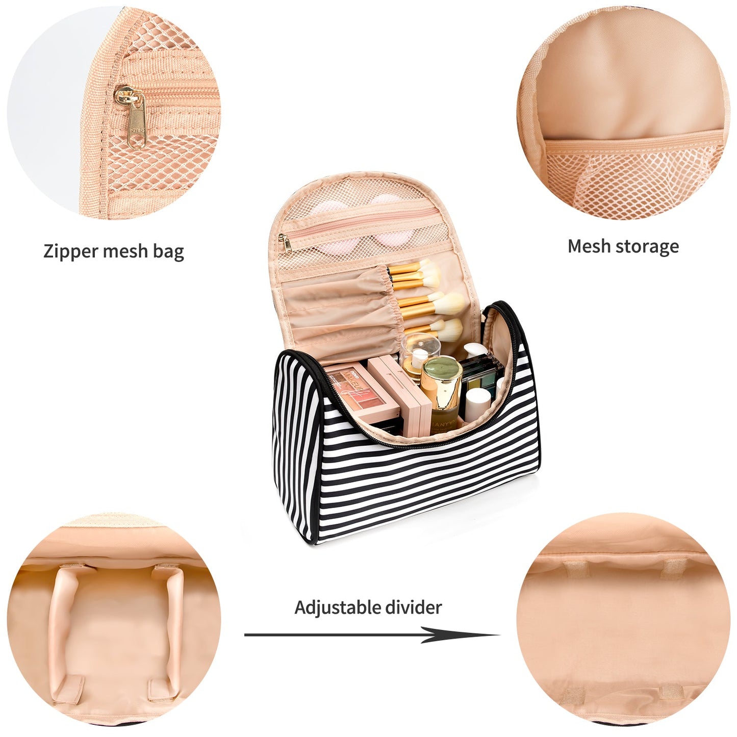 Reise-Make-up-Tasche, ätherische Kosmetiktasche für Frauen, tragbare Make-up-Organizer-Tasche, Upgrade-Kulturtasche aus Nylon für Frauen, wasserdicht (schwarz gestreift)