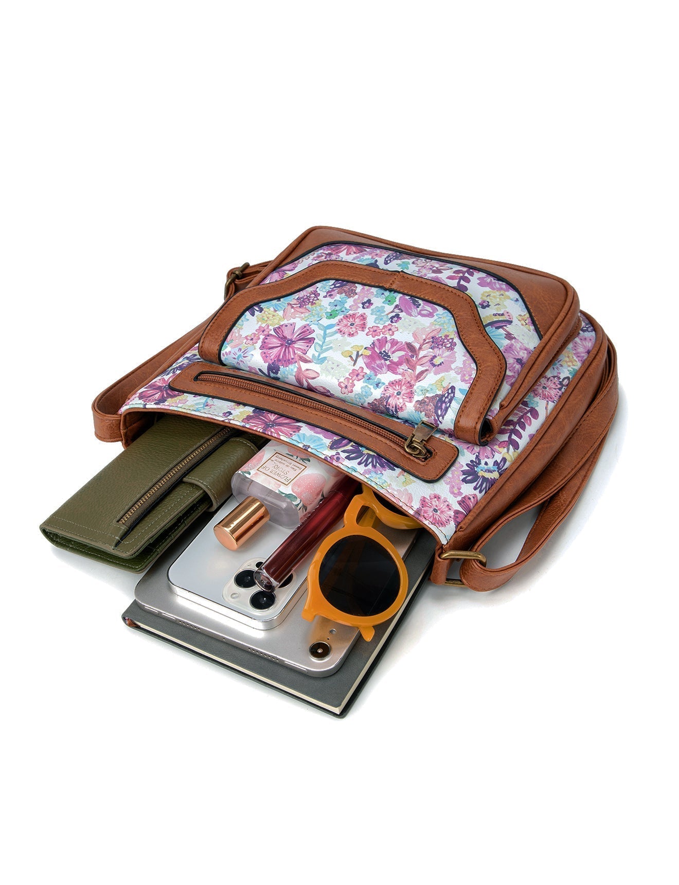 DIANA VEGAN FLORAL XBODY BAG - WEISS BLUMEN/TAN - XB-2305-WHT-SALE