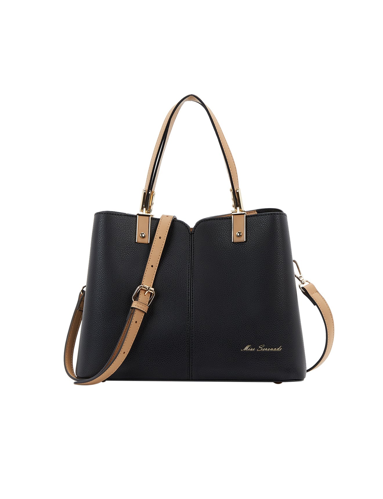 CHANTAL VEGANE TASCHE MIT DREI FÄCHERN - SCHWARZ/KAMEL