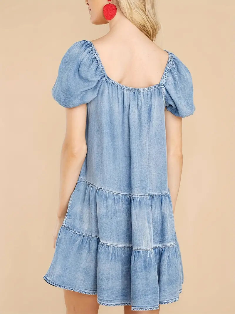 Blue Square Neck Denim Dress