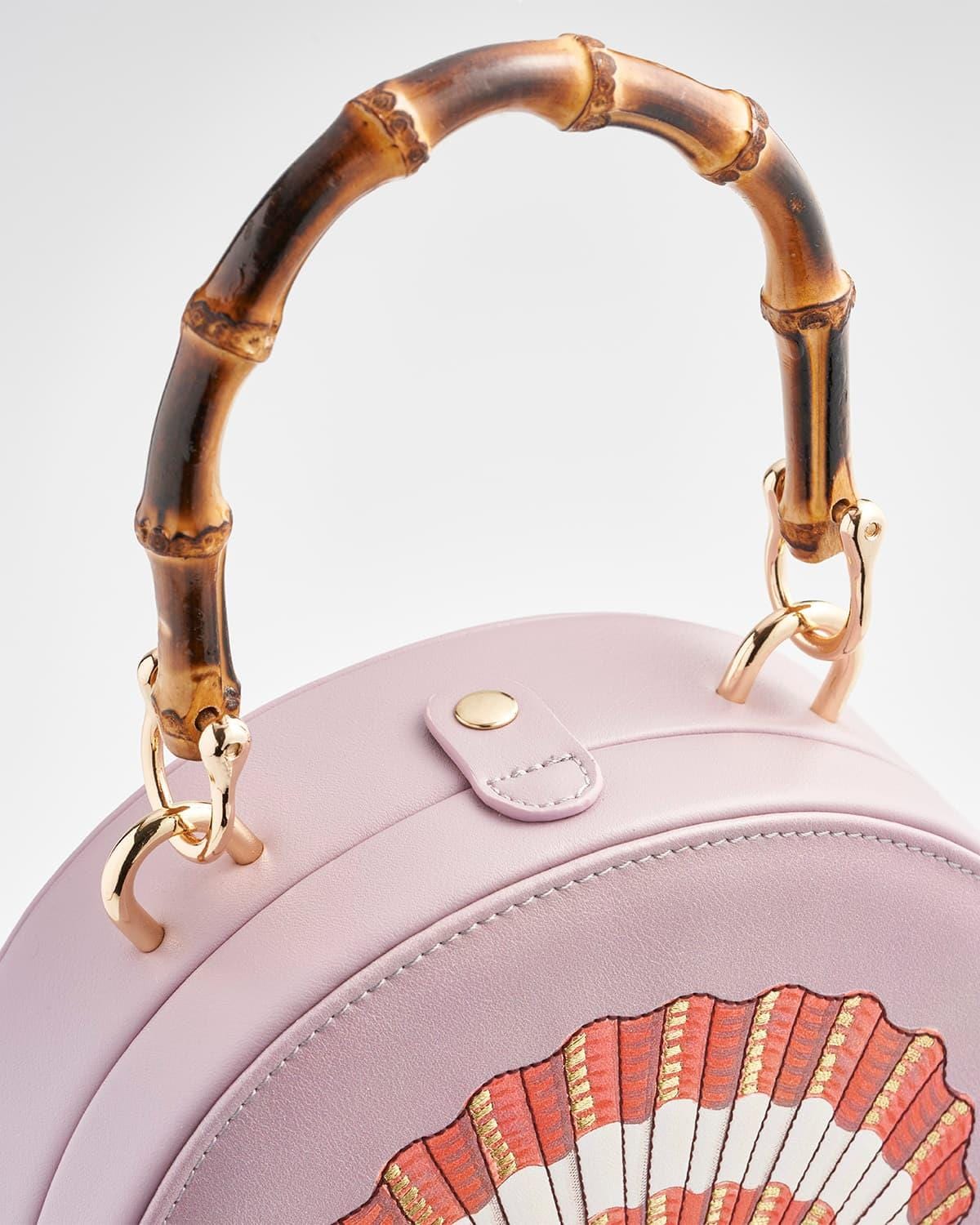 Lila Bambus-Tasche mit Henkel und Muschelstickerei