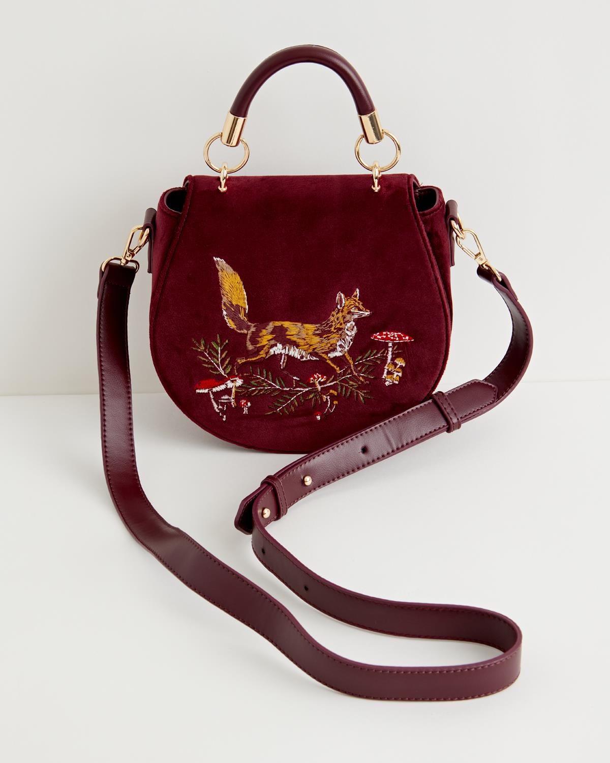 Satteltasche aus Samt mit Stickerei „Fox & Mushroom“ – Rote Johannisbeere