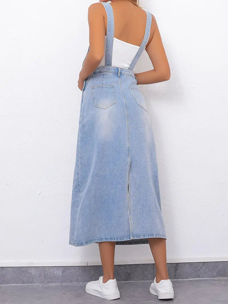 Split Back Pinafore Denim Dress With Slash Pockets