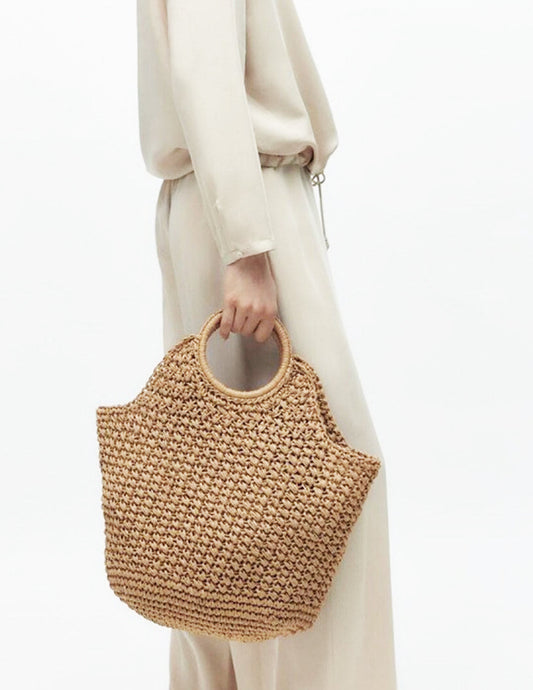 Khaki Straw Cross Basket Bag