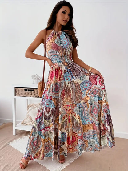 Boho Paisley Print Halter Neck Dress