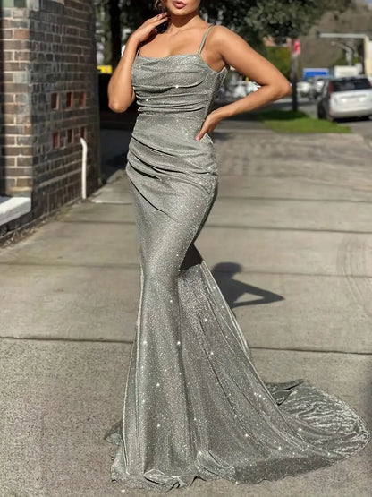 Glitter Sequin Slip Sleeveless Backless Maxi Dress