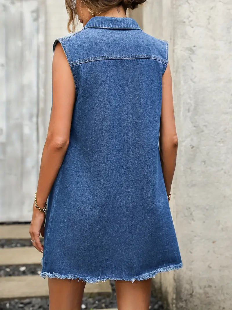 Blue Distressed Sleeveless Denim Dress