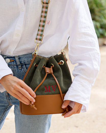 Carmina mini bouler bag in green khaki suede