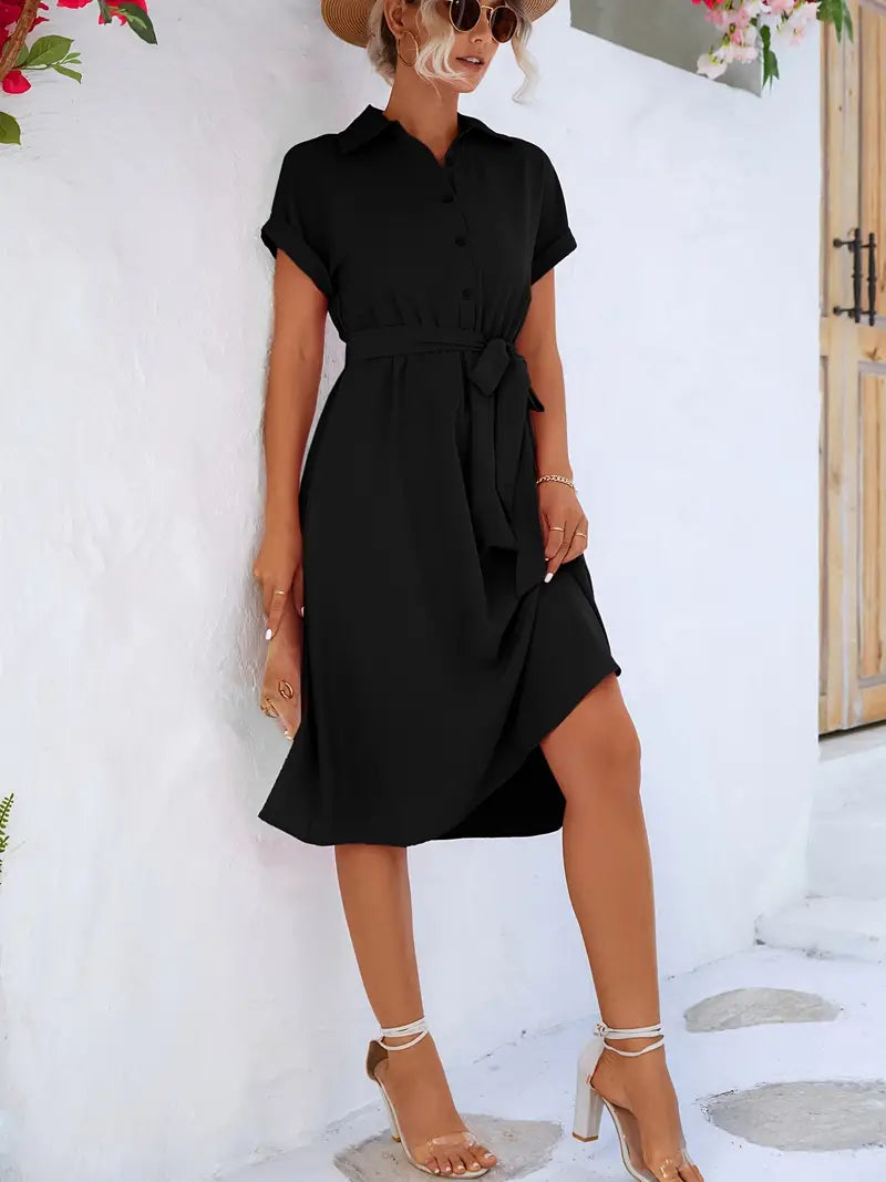 Solid Belted Shirt Dress