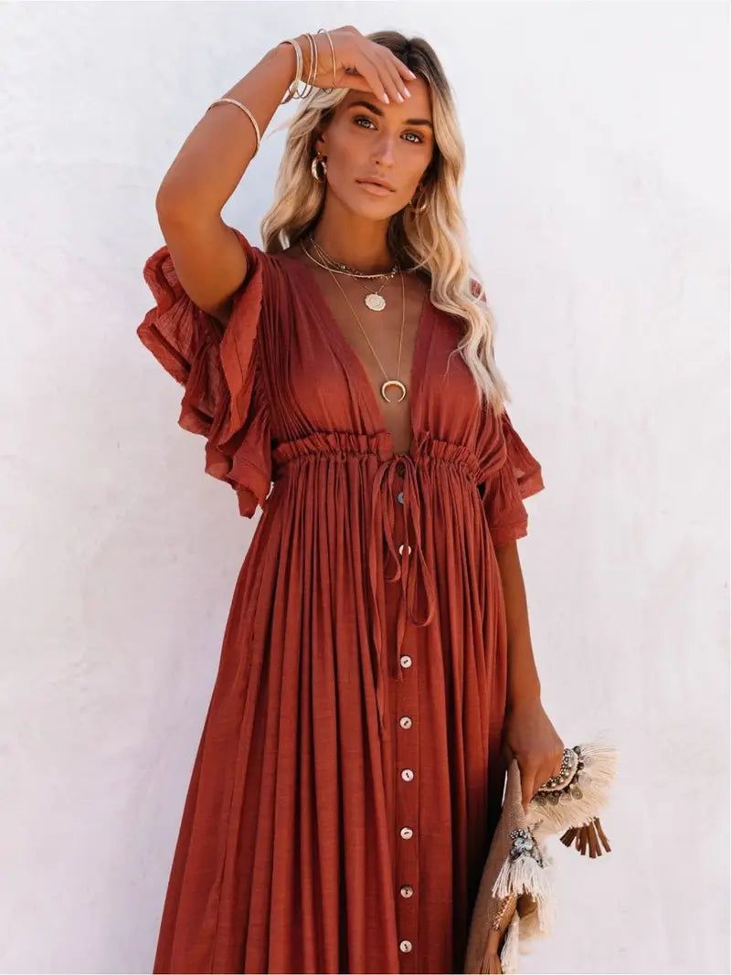 Pleated Plunging Dress