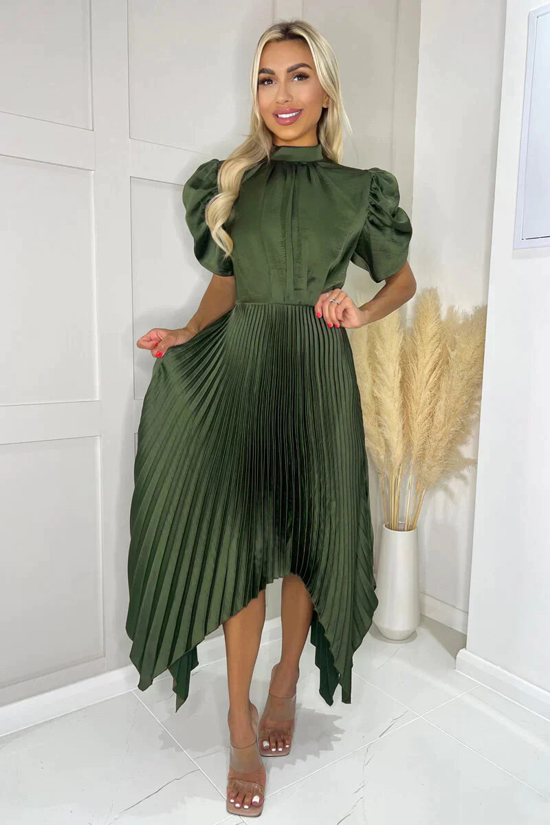 NEW | Olive High Neck Puff Sleeve Zig Zag Hem Pleated Midi Dress