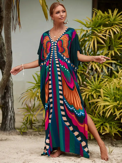 Butterfly Print Kaftan Cover Up Dress