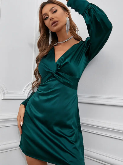 Solid V Neck Twist Long Sleeve Dress