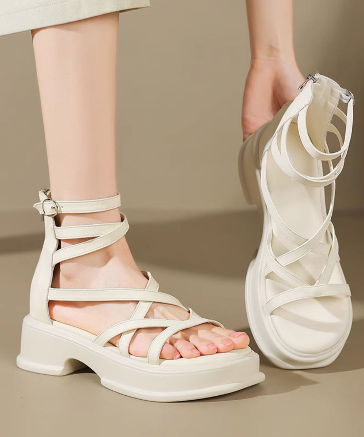 2024 Neue beige High Top Strap Römersandalen Peep Toe