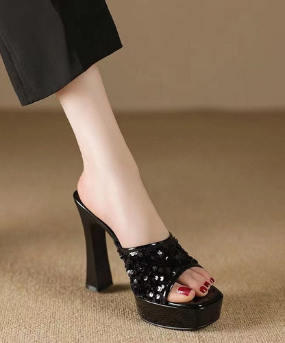 2024 Sequins Splicing High Heel Black Slide Sandals Peep Toe