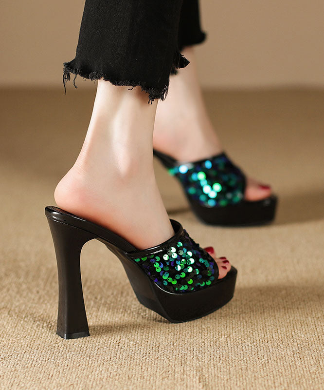 2024 Sequins Splicing High Heel Black Slide Sandals Peep Toe