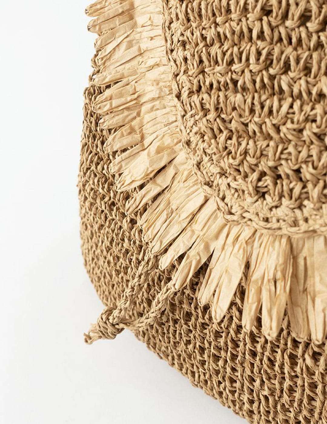 Caramel Fringed Trim Woven Straw Backpack