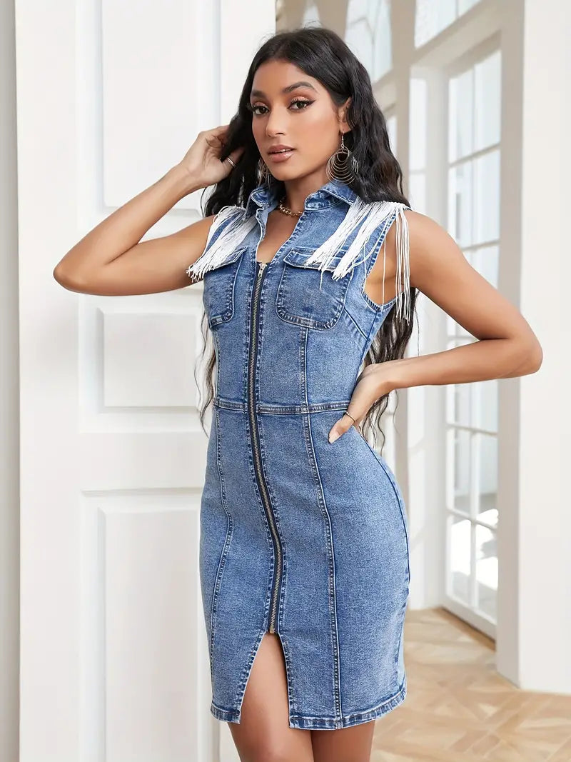 Blue Fringe Decor Denim Dress