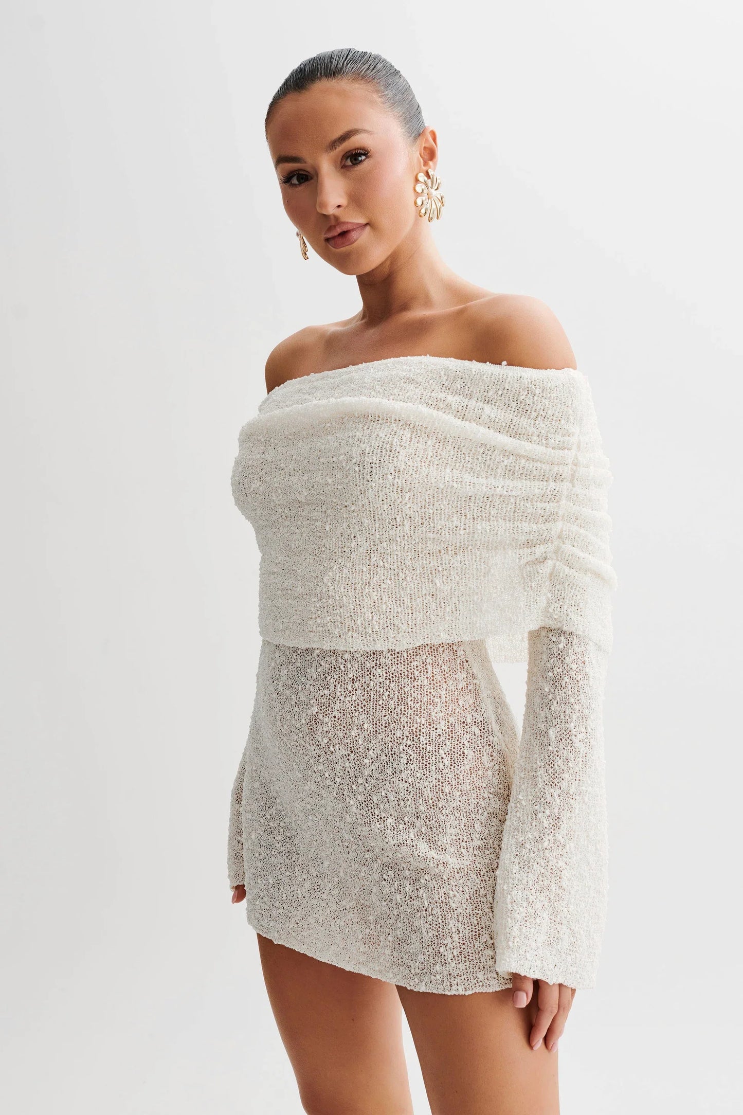 OFF SHOULDER BOUCLE MINI DRESS