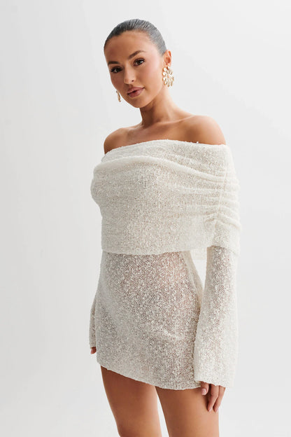 OFF SHOULDER BOUCLE MINI DRESS