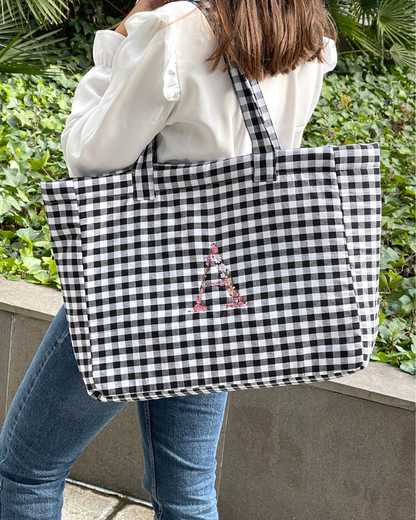 Gingham Black Flowers bag