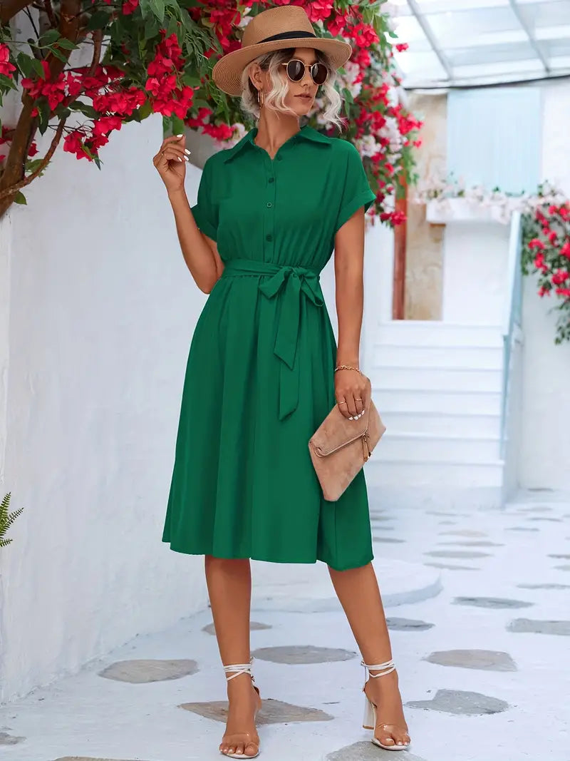 Solid Belted Shirt Dress