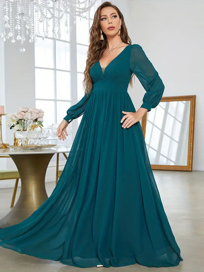 Solid V-neck Bridesmaid Dress