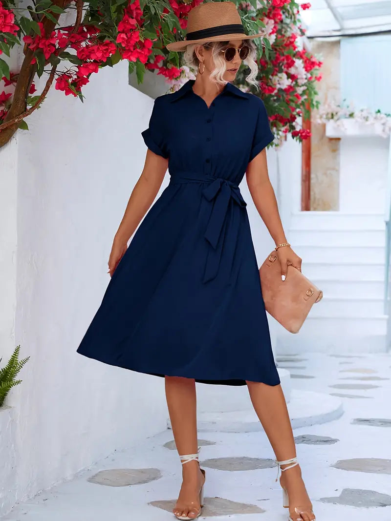 Solid Belted Shirt Dress