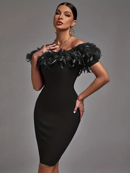 Off Shoulder Faux Feather Decor Dress