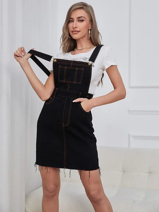 Black Raw Hem Denim Jumpsuit