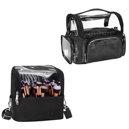 Makeup Brush Case with Shoulder Strap and Adjustable Divider (Large Black)