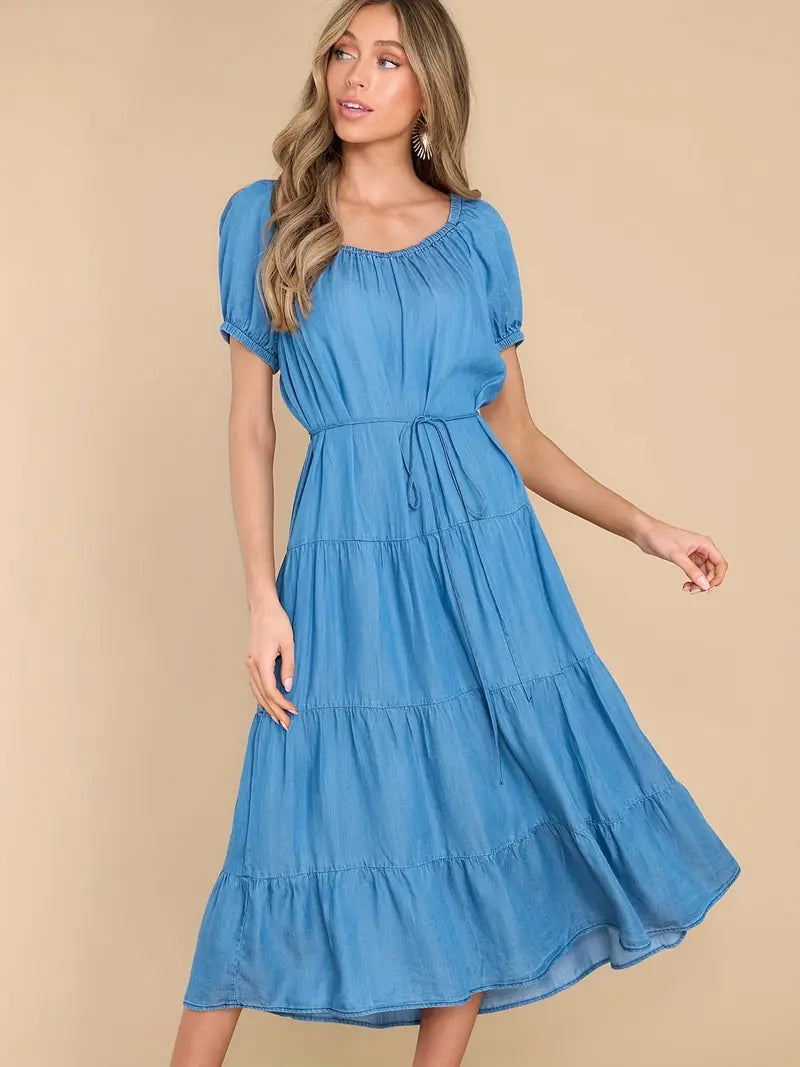 Blue Short Sleeves Denim Dress