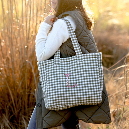 Gingham Khaki Flowers bag