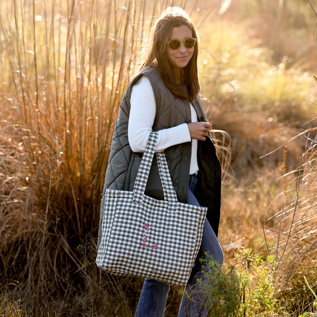 Gingham Khaki Flowers bag