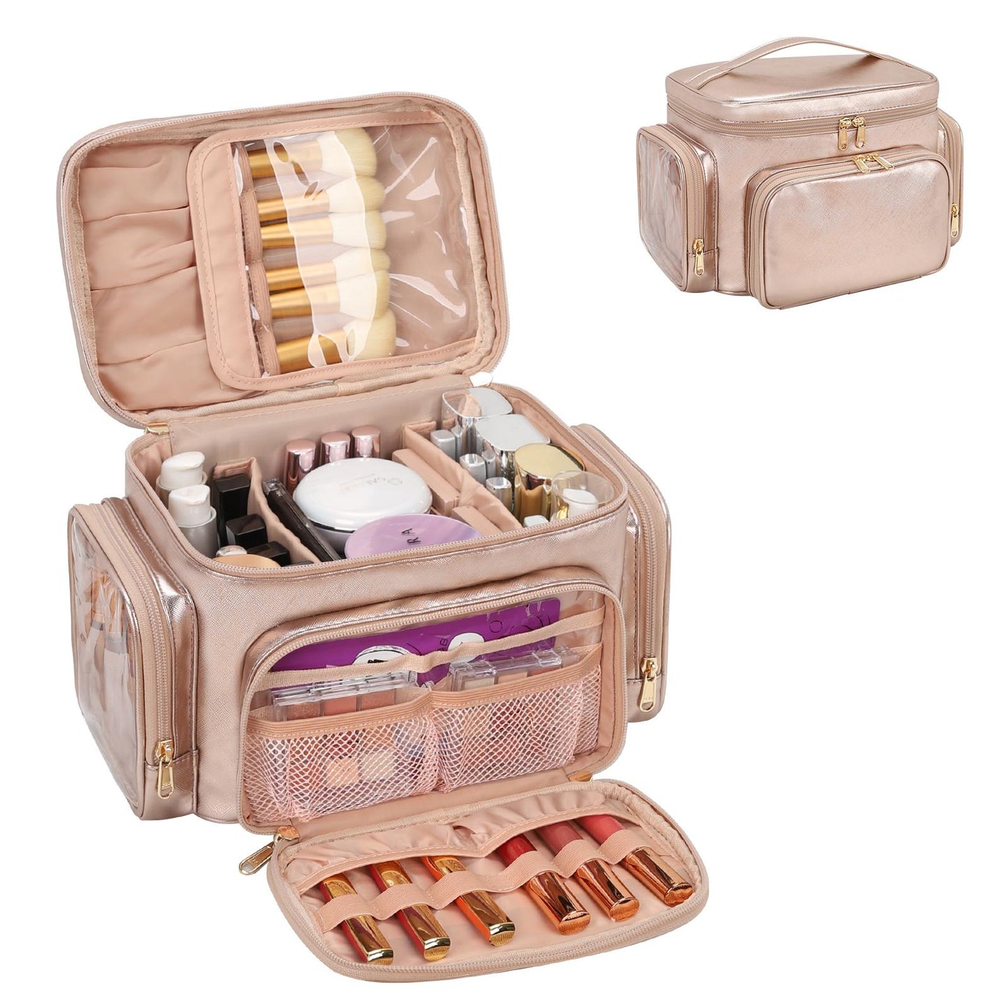 Large Makeup Bag with Makeup Brush Compartment & Two Side Pockets