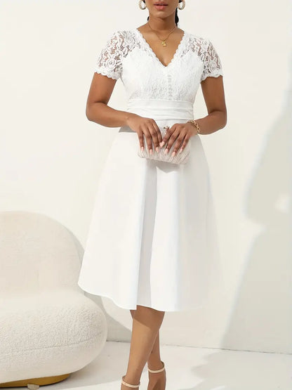 Lace V-neck Button Front Wedding Dress