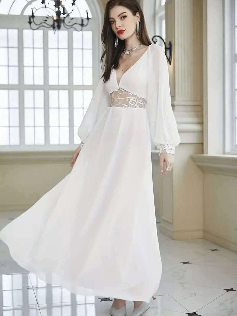 Contrast Lace V-neck Wedding Dress