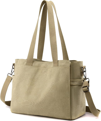 Multi-Pocket Canvas Crossbody Tote Bag