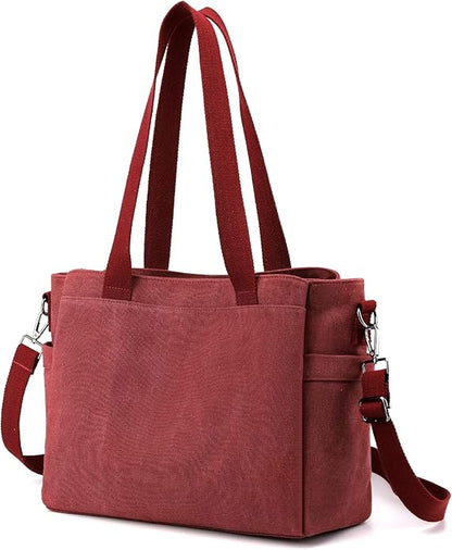 Multi-Pocket Canvas Crossbody Tote Bag