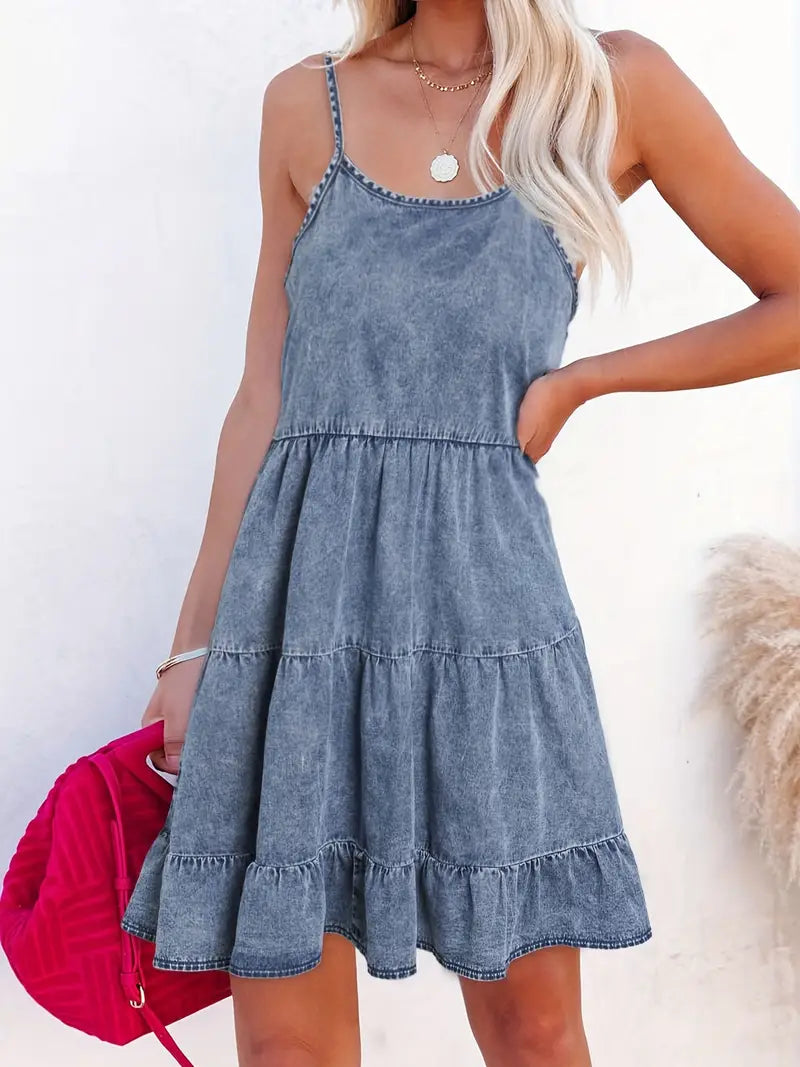 Ruffle Round Neck Denim Dress