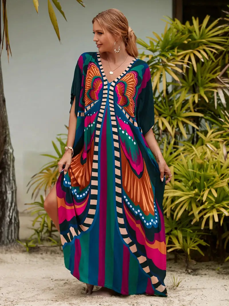 Butterfly Print Kaftan Cover Up Dress