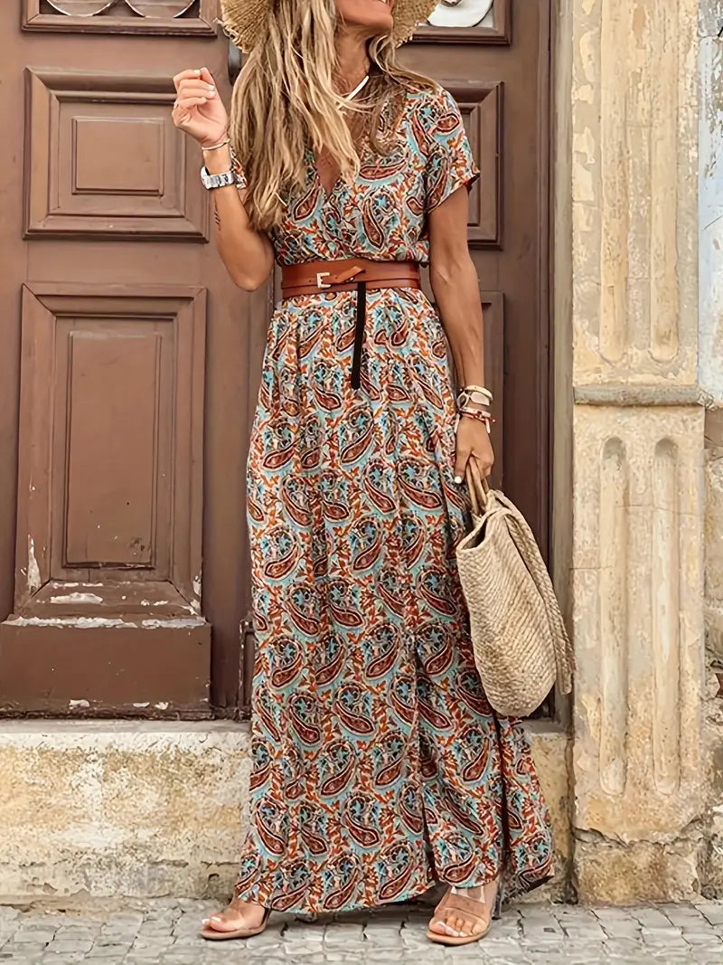 Short Sleeve Floral Maxi Long Dress