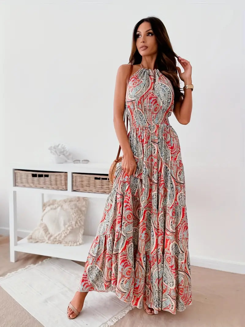 Boho Paisley Print Halter Neck Dress