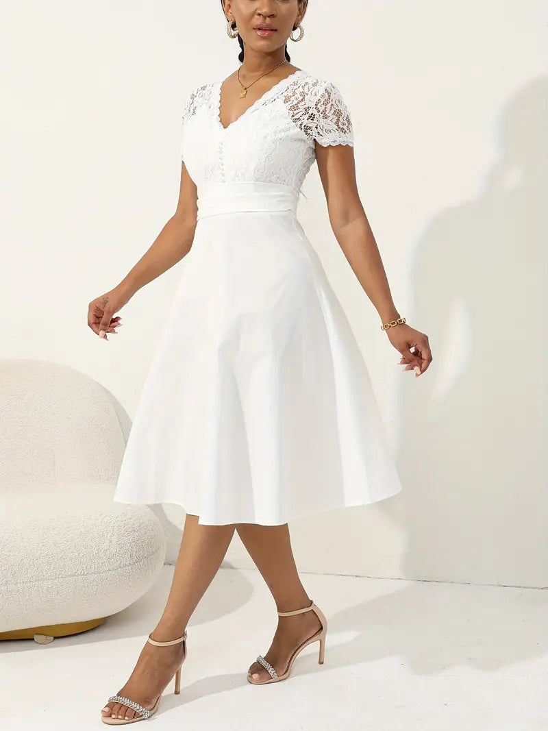 Lace V-neck Button Front Wedding Dress