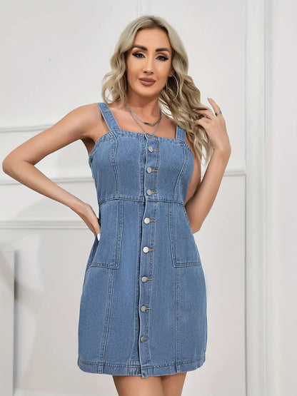 Single-breasted Straight Neckline Denim Dress