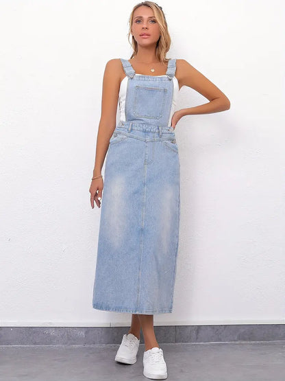 Split Back Pinafore Denim Dress With Slash Pockets