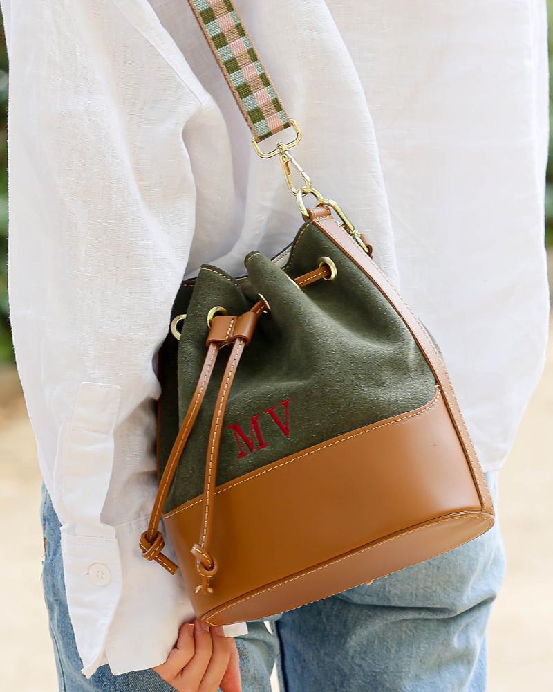 Carmina mini bouler bag in green khaki suede